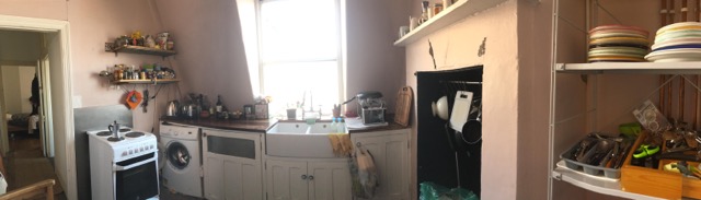 wide shot of an old kitchen, looks rather tired