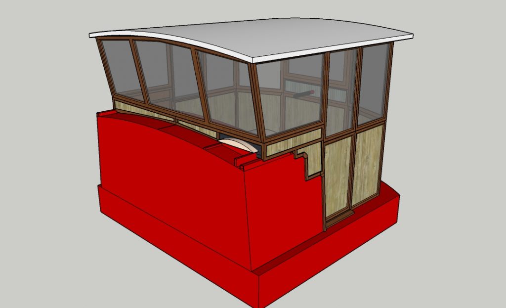 CAD drawing of a wheelhouse on a cross section of a red boat